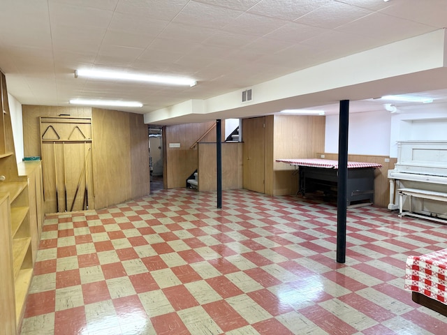 1536 W 13 Mile Rd, Madison Heights, MI 48071 - finished below grade area featuring light floors, wood walls, stairs, and visible vents