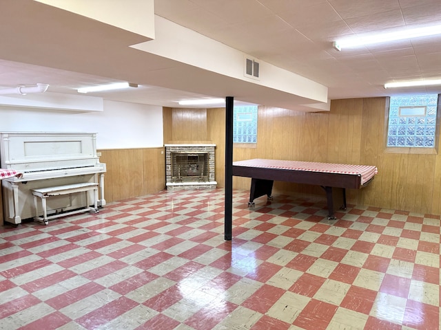 1536 W 13 Mile Rd, Madison Heights, MI 48071 - rec room with wooden walls, a fireplace with raised hearth, a wainscoted wall, light floors, and visible vents