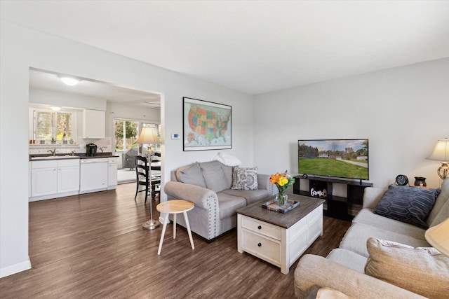 living room with dark wood-type flooring