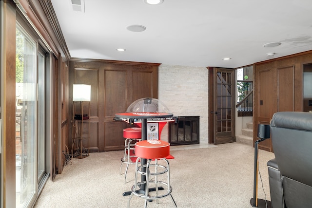 interior space with recessed lighting, visible vents, stairs, and light colored carpet