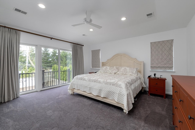 bedroom featuring access to outside, dark carpet, and visible vents