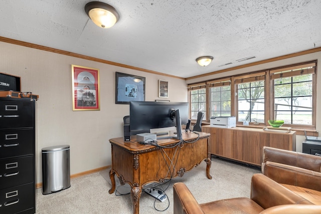 home office with crown molding, a textured ceiling, and visible vents
