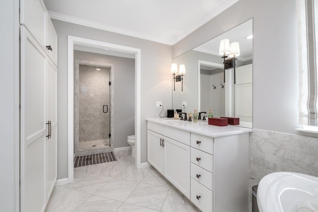 bathroom featuring crown molding, a stall shower, vanity, toilet, and marble finish floor