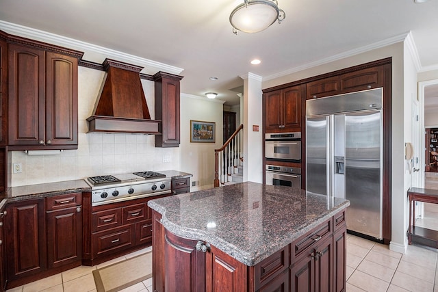 2832 Croftshire Ct, Rochester, MI 48306 - kitchen featuring crown molding, light tile patterned flooring, appliances with stainless steel finishes, and custom exhaust hood