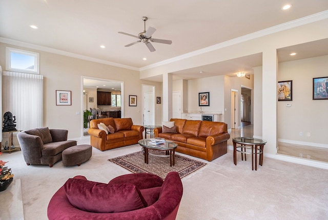2832 Croftshire Ct, Rochester, MI 48306 - living area with crown molding, ceiling fan, light carpet, and recessed lighting