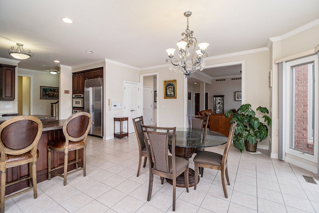 2832 Croftshire Ct, Rochester, MI 48306 - dining room with visible vents, crown molding, light tile patterned floors, baseboards, and a notable chandelier