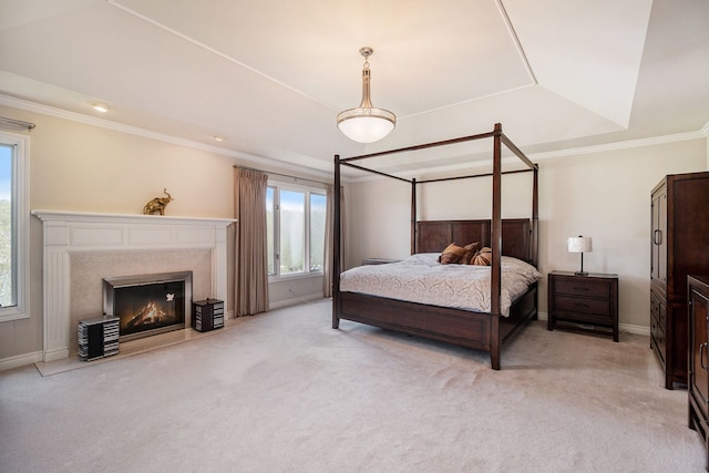 2832 Croftshire Ct, Rochester, MI 48306 - bedroom featuring crown molding, light colored carpet, and a glass covered fireplace