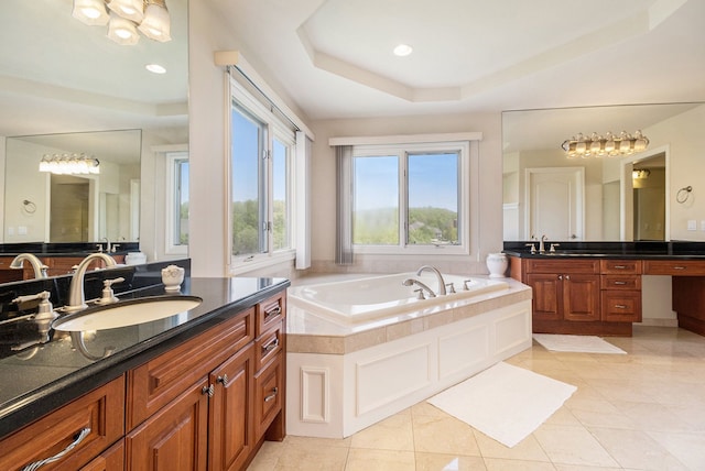 2832 Croftshire Ct, Rochester, MI 48306 - bathroom with a garden tub, a sink, two vanities, and a tray ceiling