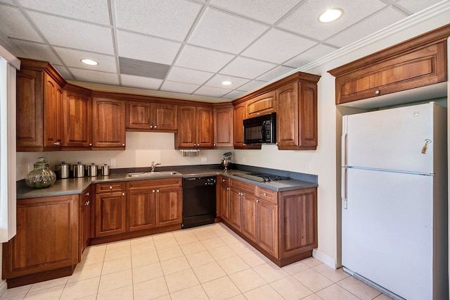 2832 Croftshire Ct, Rochester, MI 48306 - kitchen with dark countertops, brown cabinetry, a sink, and black appliances