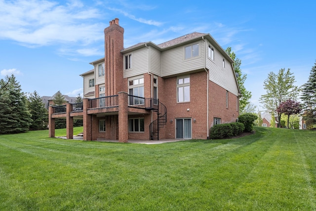 2832 Croftshire Ct, Rochester, MI 48306 - back of property featuring a lawn, brick siding, a chimney, and a wooden deck