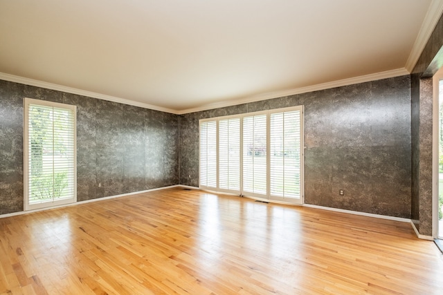 spare room featuring wood finished floors, ornamental molding, and baseboards