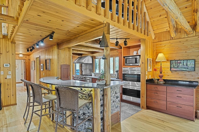 kitchen featuring rail lighting, appliances with stainless steel finishes, wooden walls, and wooden ceiling