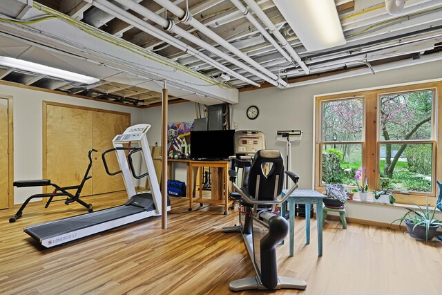 workout area with wood finished floors