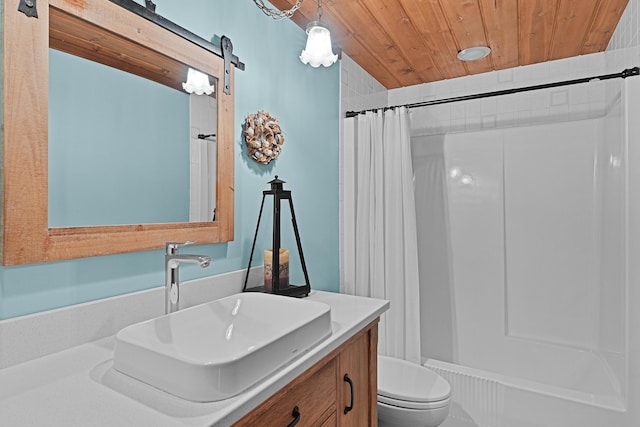 bathroom featuring vanity, toilet, wooden ceiling, and a shower with curtain