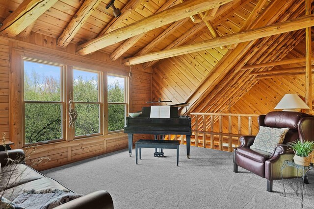 living area with wood ceiling, lofted ceiling with beams, wood walls, and carpet floors