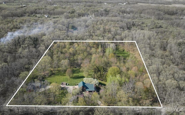 bird's eye view with a wooded view