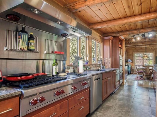 kitchen featuring stainless steel appliances, extractor fan, brown cabinetry, and wood ceiling