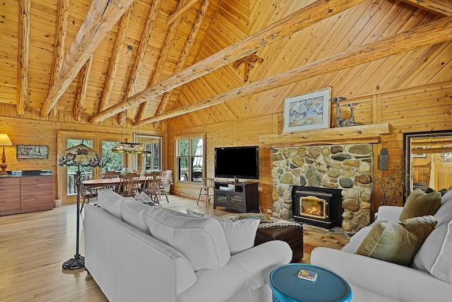 living room with wooden walls, beamed ceiling, wooden ceiling, and high vaulted ceiling
