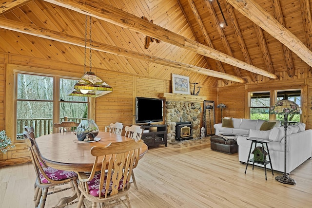 dining area with light wood-type flooring, wood walls, wood ceiling, and beam ceiling