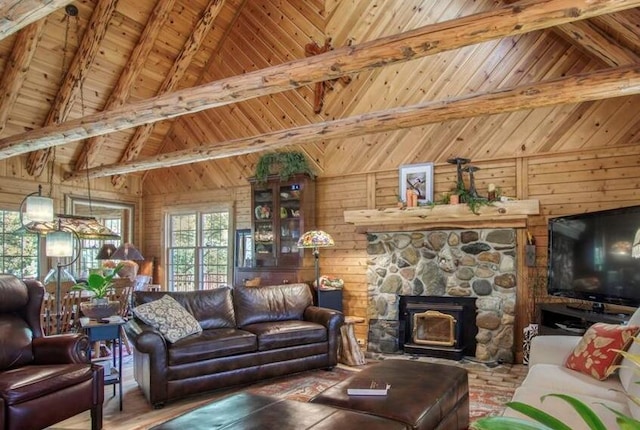 living room with beam ceiling, wooden walls, and wooden ceiling