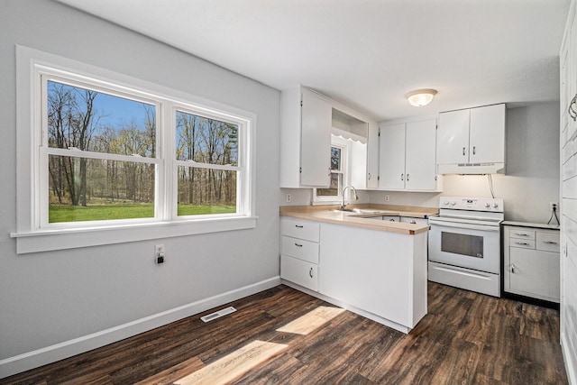 kitchen featuring dark wood-style flooring, under cabinet range hood, electric range, and visible vents