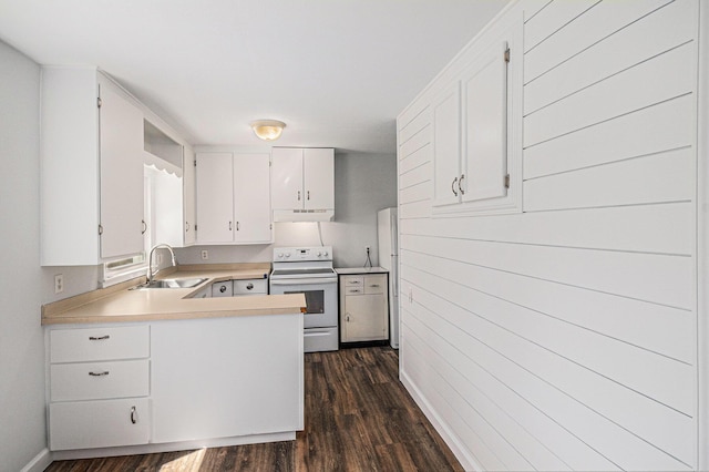 kitchen with a sink, light countertops, dark wood finished floors, under cabinet range hood, and white electric range
