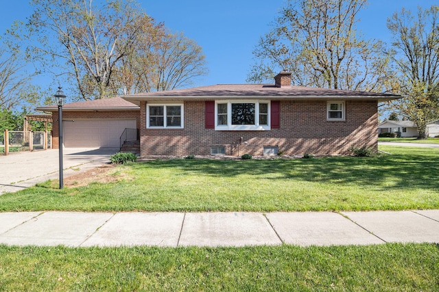 ranch-style house featuring concrete driveway, brick siding, an attached garage, and a chimney