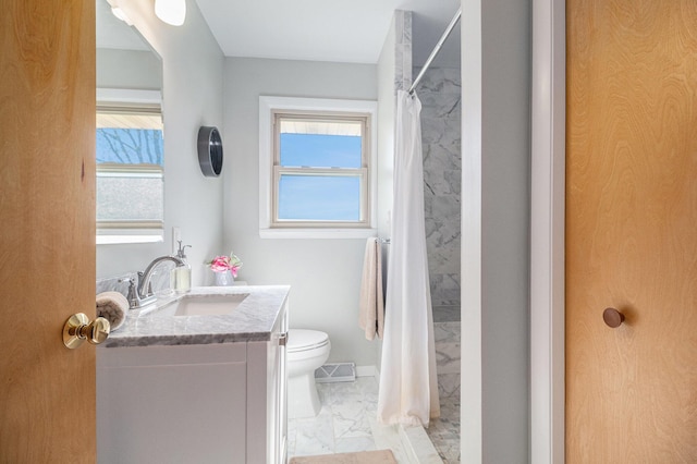 bathroom with vanity, visible vents, marble finish floor, curtained shower, and toilet