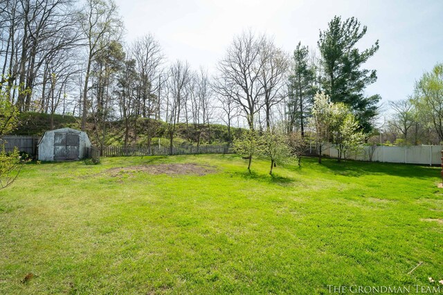 view of yard with fence, an outbuilding, and a shed