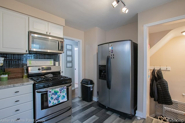 43 Canfield Dr, Mount Clemens, MI 48043 - kitchen featuring stainless steel appliances, dark wood-type flooring, white cabinets, backsplash, and baseboards