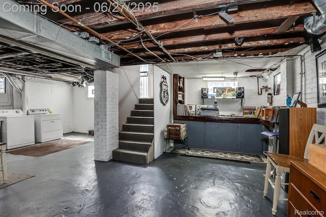 879 Lawrence St, Detroit, MI 48202 - basement with washing machine and dryer, stairway, and concrete block wall