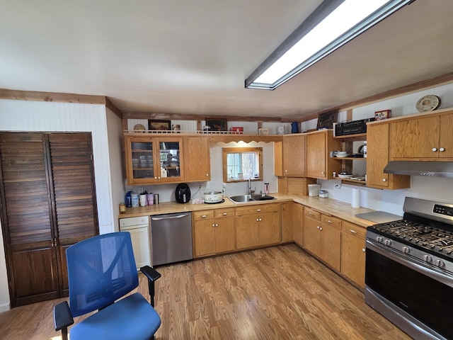 4280 Birch St, Lake, MI 48632 - kitchen with appliances with stainless steel finishes, under cabinet range hood, a sink, light countertops, and open shelves
