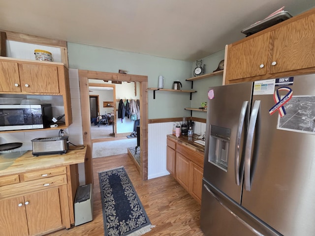 4280 Birch St, Lake, MI 48632 - kitchen featuring stainless steel fridge with ice dispenser, open shelves, light wood-style flooring, and butcher block countertops