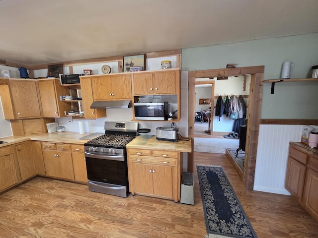 4280 Birch St, Lake, MI 48632 - kitchen with appliances with stainless steel finishes, under cabinet range hood, open shelves, light countertops, and light wood finished floors