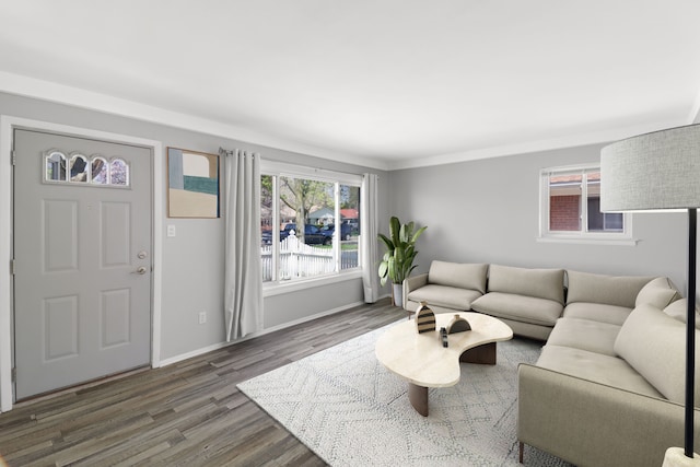 living room featuring baseboards and wood finished floors