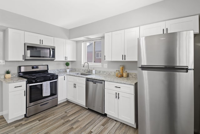 kitchen featuring a sink, appliances with stainless steel finishes, white cabinets, and light wood finished floors