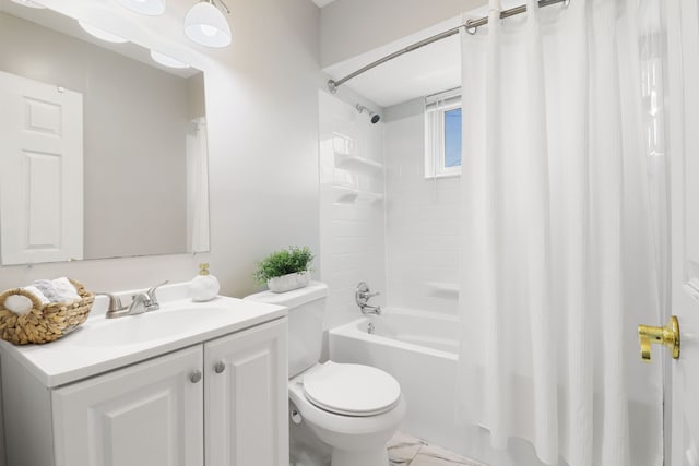 full bath featuring vanity, shower / bath combo, and toilet