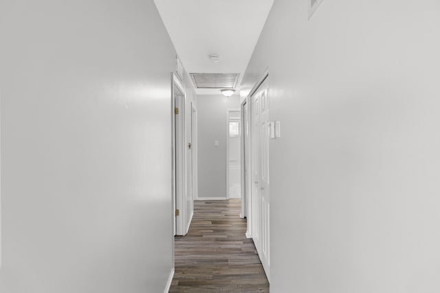 hallway featuring baseboards, attic access, and dark wood finished floors