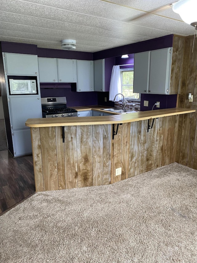 kitchen with stainless steel range with gas cooktop, a peninsula, a sink, and dark wood-type flooring