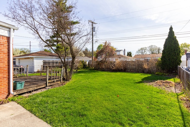 view of yard with a fenced backyard and a wooden deck