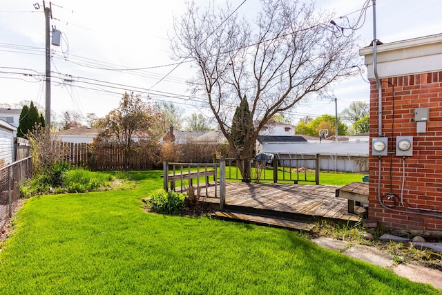view of yard with a fenced backyard and a wooden deck