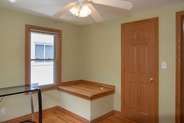 foyer featuring light wood-style floors, a ceiling fan, and healthy amount of natural light
