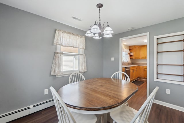 dining room with a baseboard radiator, a notable chandelier, dark wood-style flooring, and visible vents