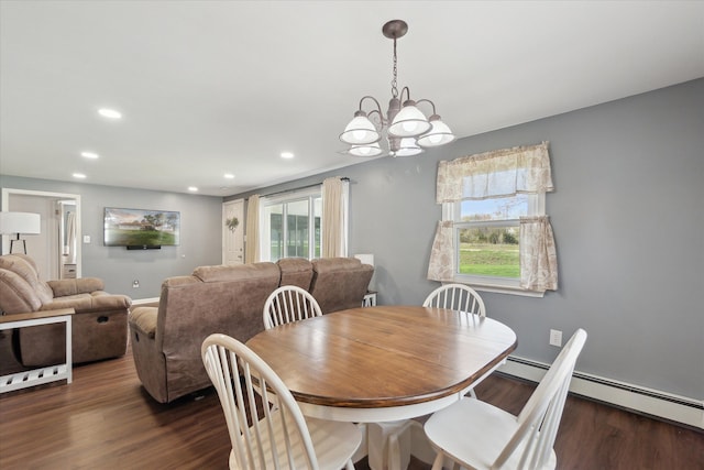 dining area with baseboards, a baseboard radiator, dark wood-style floors, a chandelier, and recessed lighting