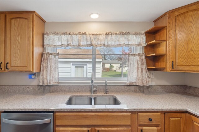 kitchen featuring stainless steel dishwasher, a sink, open shelves, and light countertops