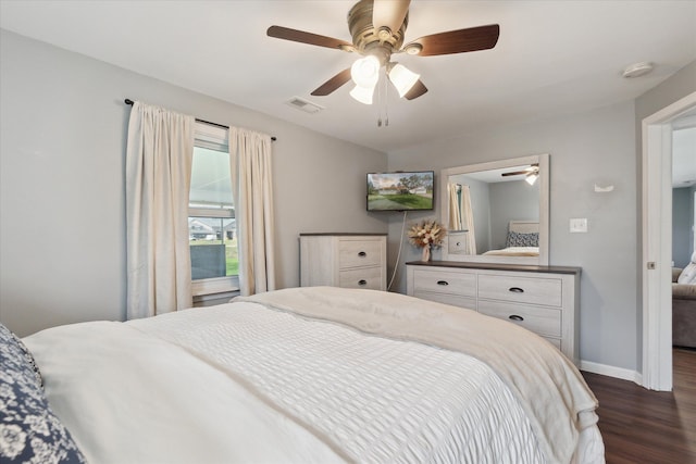 bedroom featuring visible vents, baseboards, ceiling fan, and dark wood-style floors