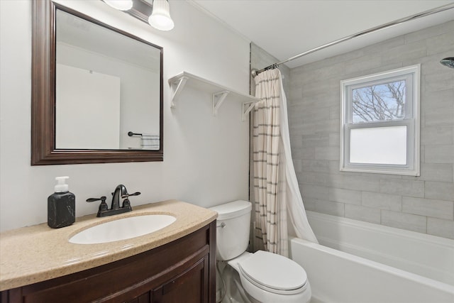 bathroom featuring vanity, toilet, and shower / bath combination with curtain