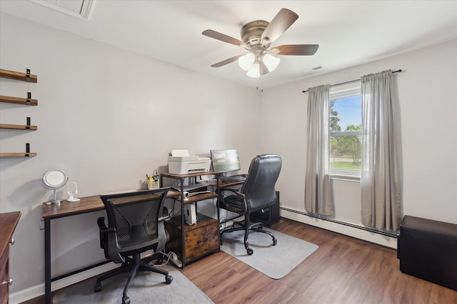 home office with visible vents, a baseboard radiator, ceiling fan, and wood finished floors