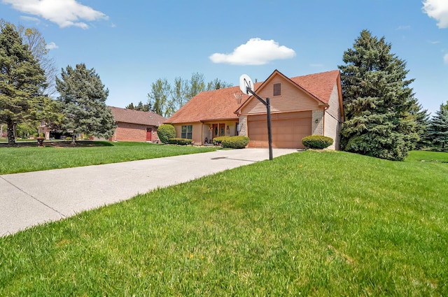 ranch-style home featuring brick siding, an attached garage, driveway, and a front yard