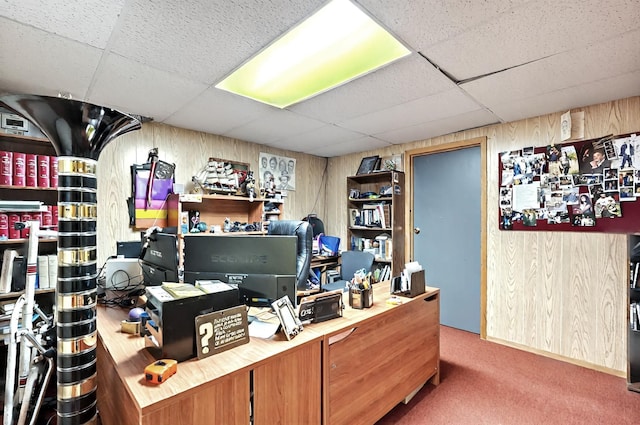 carpeted office with a paneled ceiling and wooden walls